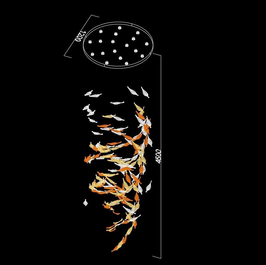 Đèn chùm pha lê thả thông minh PL045 gồm 160 lá lông vũ , 18 mắt COB dimmer có điều khiển xa, mâm tròn inox gương trắng, KT(mm): D1200 x H4500